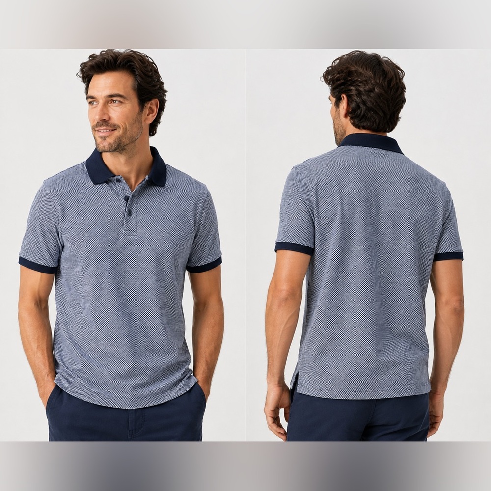 Massimo Dutti Men's Large Blue White Cotton Textured Polo Shirt Casual Fit